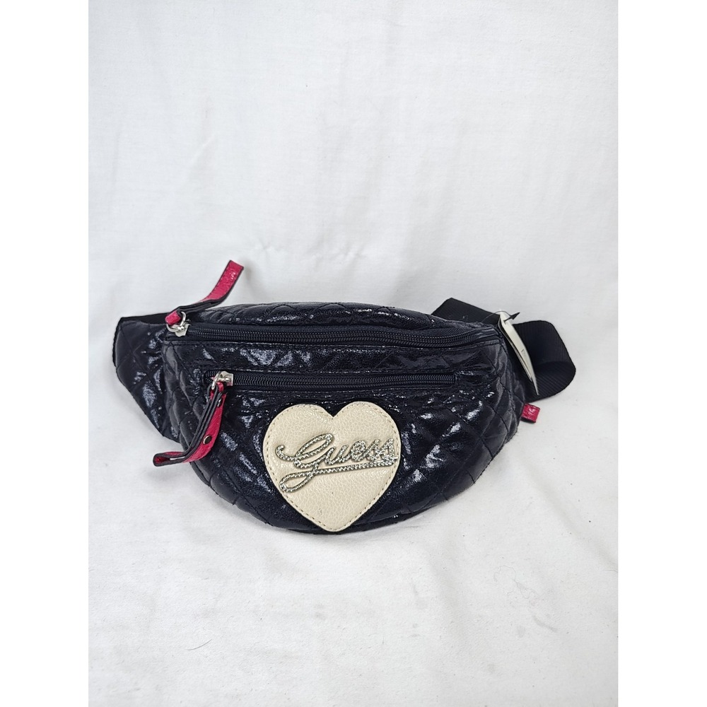 GUESS Oldschool Mini Quilted Fanny Pack Waist Bag Black Y2K Heart Logo NWT